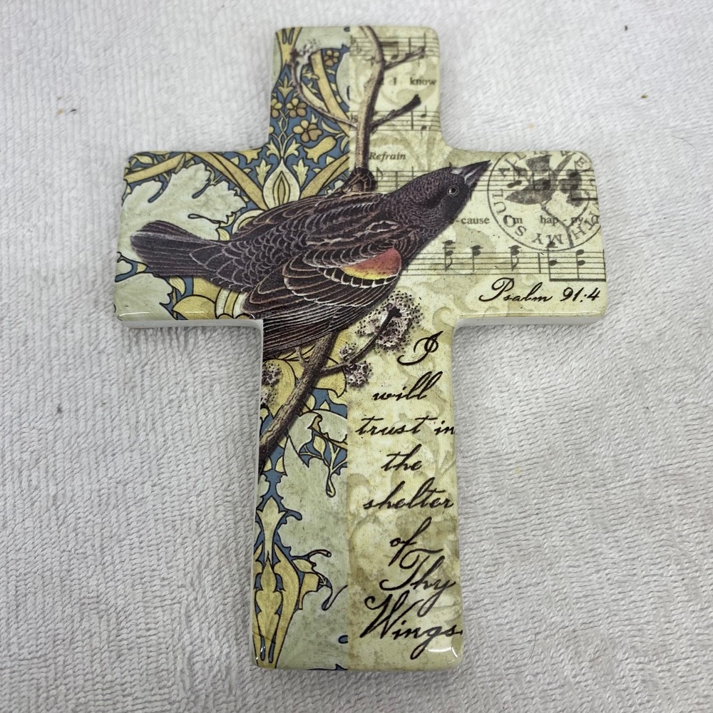 Giftcraft Sweet Offerings The Sparrow Ceramic Cross Psalm 91:4 Bird Decor 6 inch